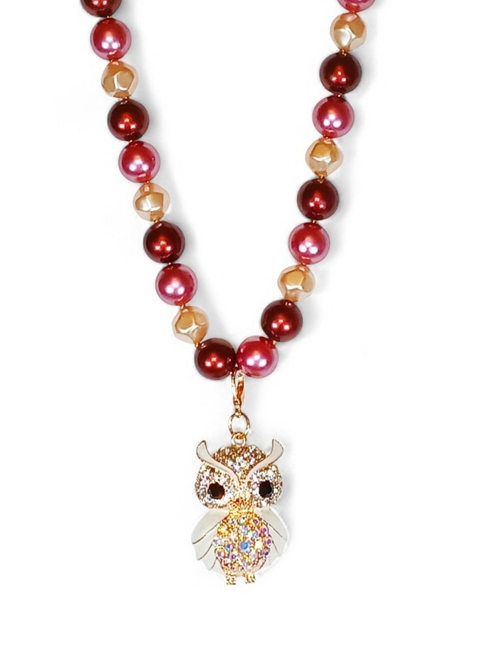 Chunky Vintage Colored Pearl Beaded Necklace Owl Pendant Modern Retro Glam 70s